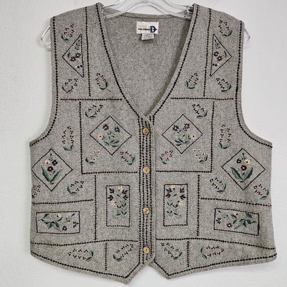 VTG Paul Harris Vest Wool Blend Gray Embroidered Button Front Sz L Grandmacore - Picture 1 of 10
